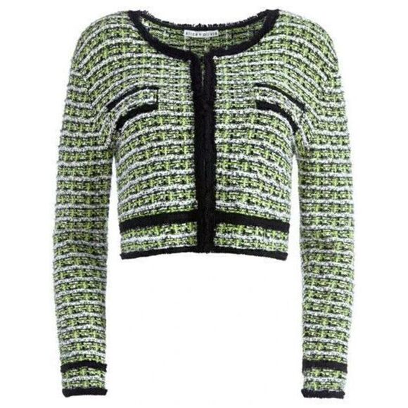New $350 Alice + Olivia Tyler  Tweed Crop Jacket Textured Cardigan Size Large - Picture 4 of 9